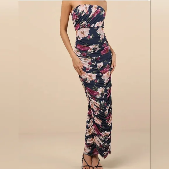 Lulu's Strapless Floral Maxi Dress - Navy and Pink - Picture 8 of 8